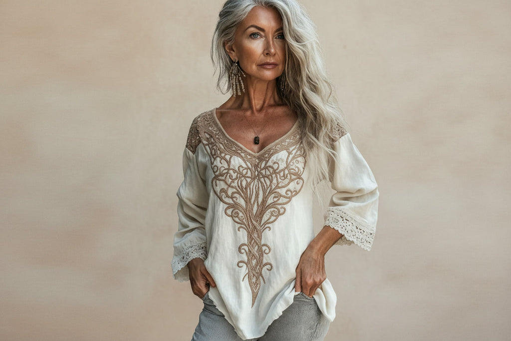 Ethnic Style Embroidered Fringe V-Neck Resort Top