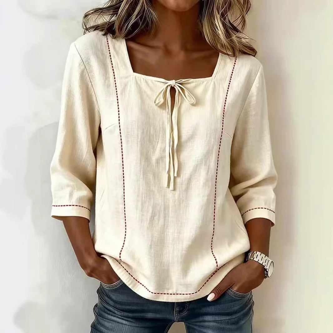 Printed Lace-Up Square-Neck Shirt – Three-Quarter Sleeve, Ramie Light Yellow