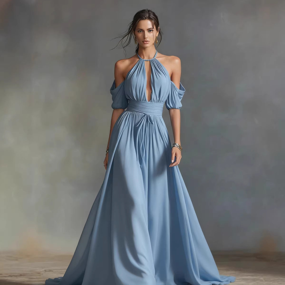 Solid-Color Halter Neck Midi Dress – 4 Colors, S–2XL Light Blue