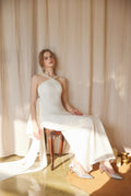 Pearl Strap Halter Satin Wedding Dress with Dramatic Back Bow and Train Off-white