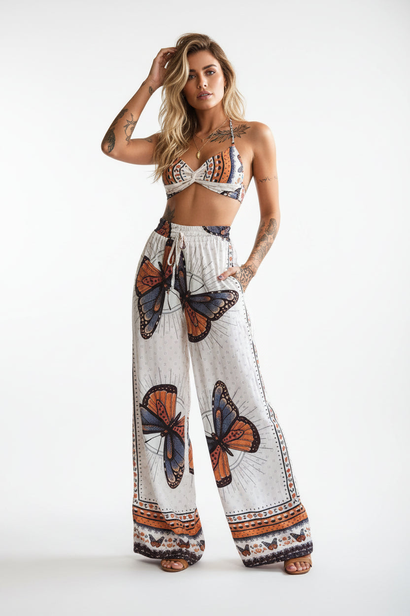 Women's Feather Print Crop Top & Pants Set – 2-Piece Vacation Outfit White