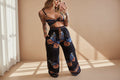 Women's Feather Print Crop Top & Pants Set – 2-Piece Vacation Outfit Black