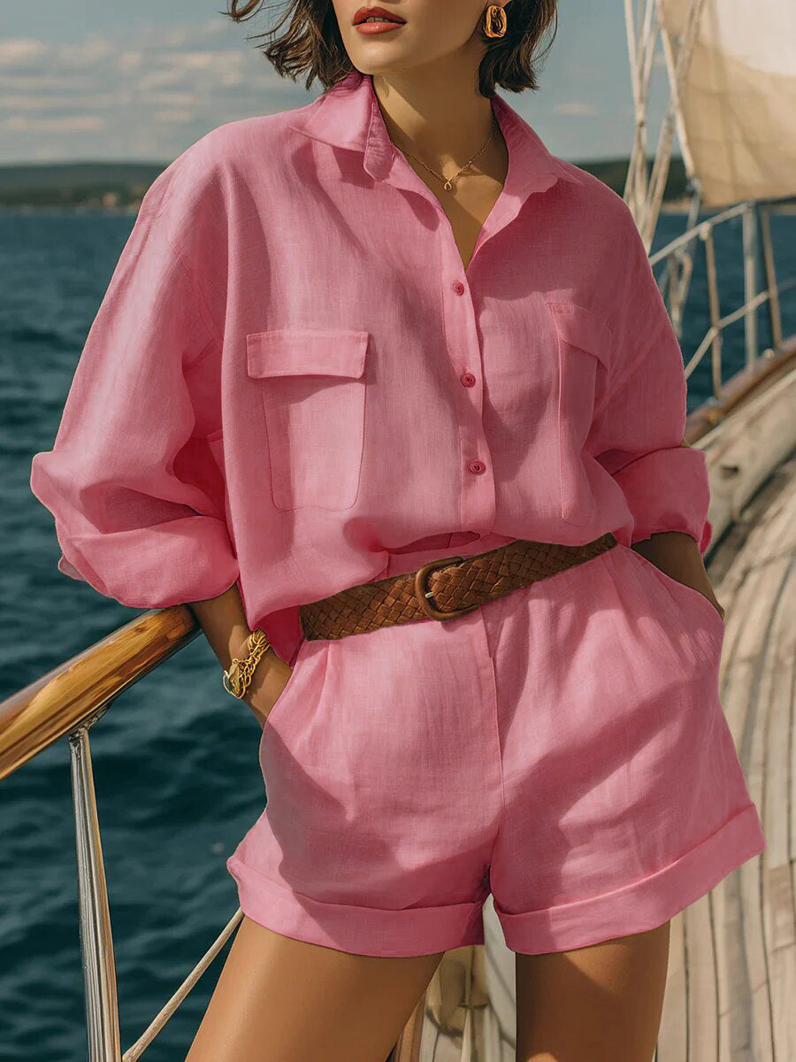 Cotton-Linen Loose-Fit Button-Down Shirt and Shorts Casual Set Pink (No Belt)