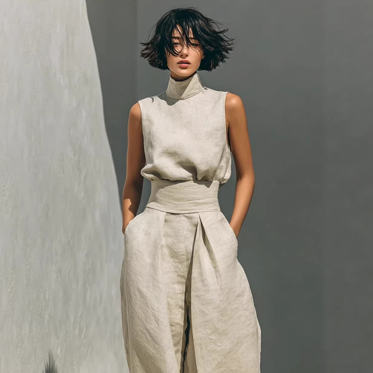 Women’s Cotton Linen Two-Piece Set – Sleeveless Top & Wide-Leg Pants Beige