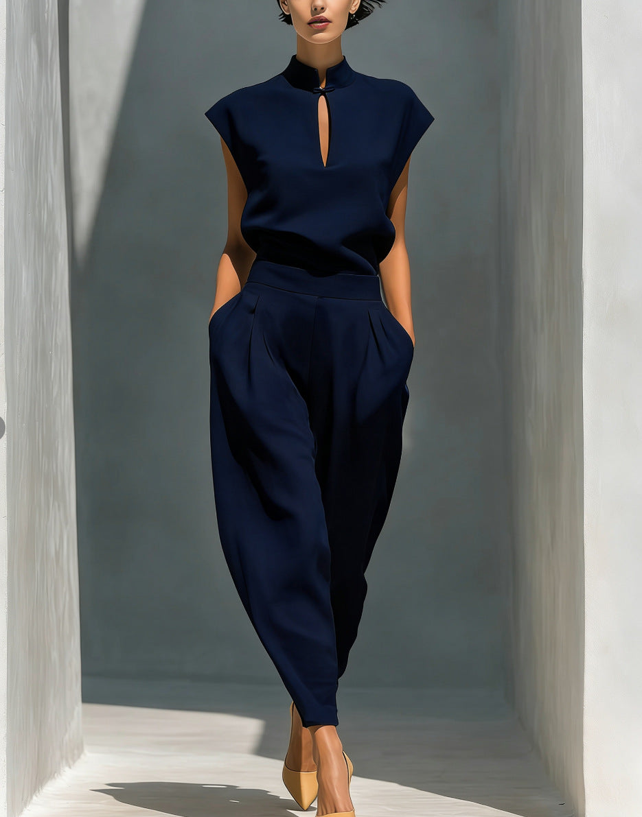 Women's Chinese-Style Satin Short-Sleeve Top & Pants Set Dark Blue