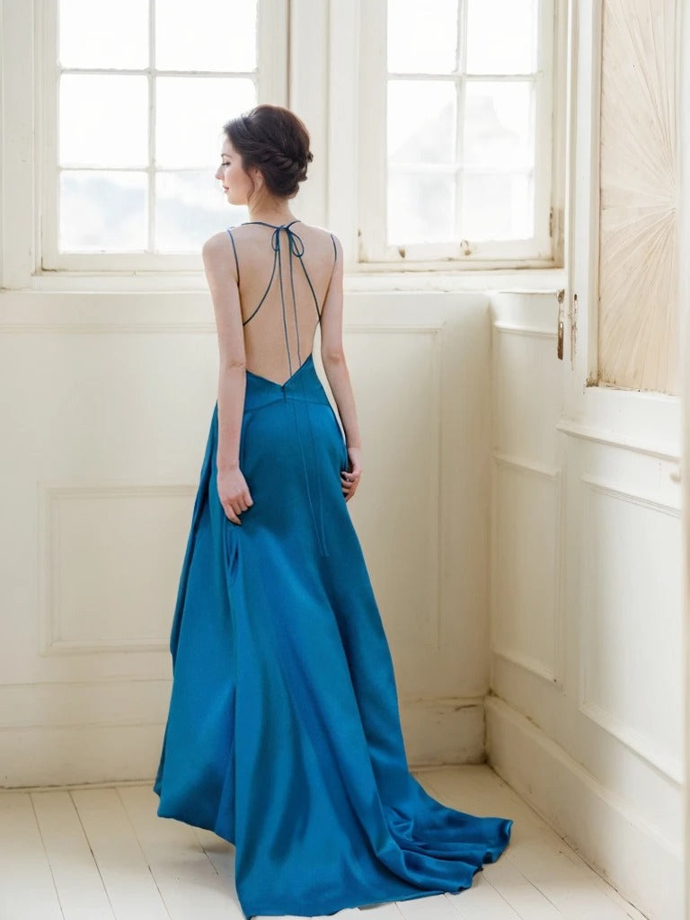 Ethereal Sapphire Blue Satin Backless Evening Gown with Thigh-High Slit Sapphire Blue