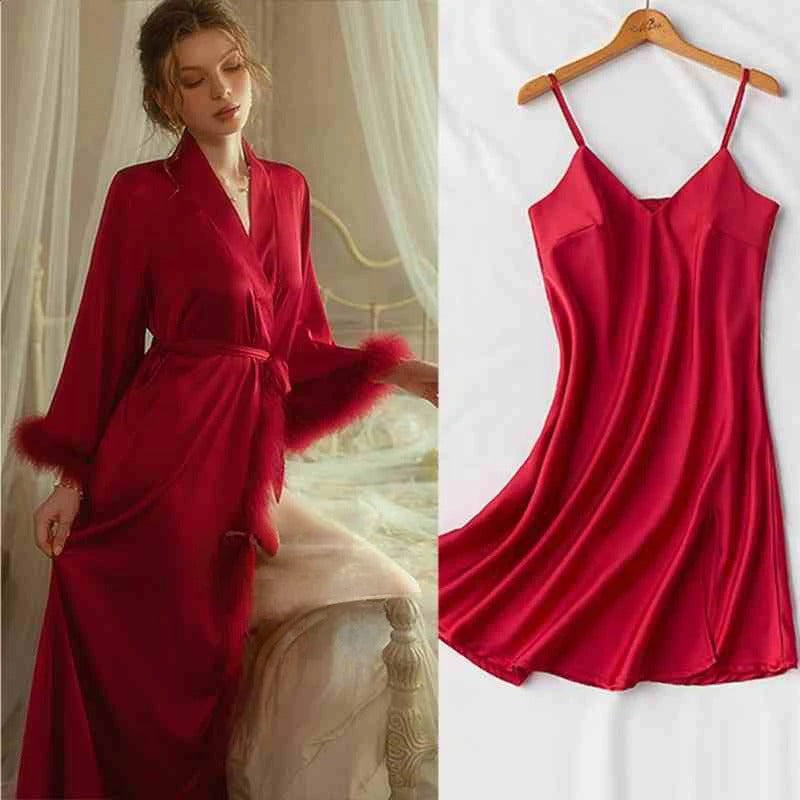 Elegant Satin Feather-Trimmed Robe & Nightdress Set - Luxury Bridal & Lounge Wear Ruby Red