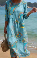 Women's 3D Floral Print Long-Sleeve A-Line Dress – Crew Neck Loose Fit BJ25601