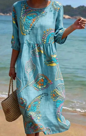 Women's 3D Floral Print Long-Sleeve A-Line Dress – Crew Neck Loose Fit BJ25601