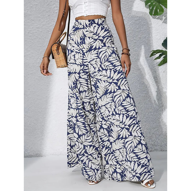 Women’s Printed High‑Waist Wide‑Leg Palazzo Pants Blue