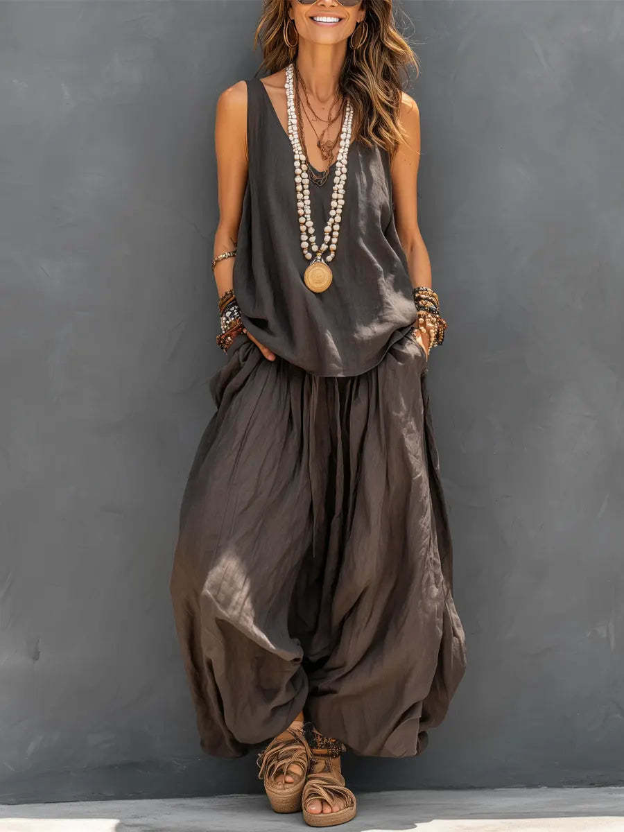Women’s Cotton Linen Sleeveless Tank Top and Wide-Leg Pants Set Dark Brown