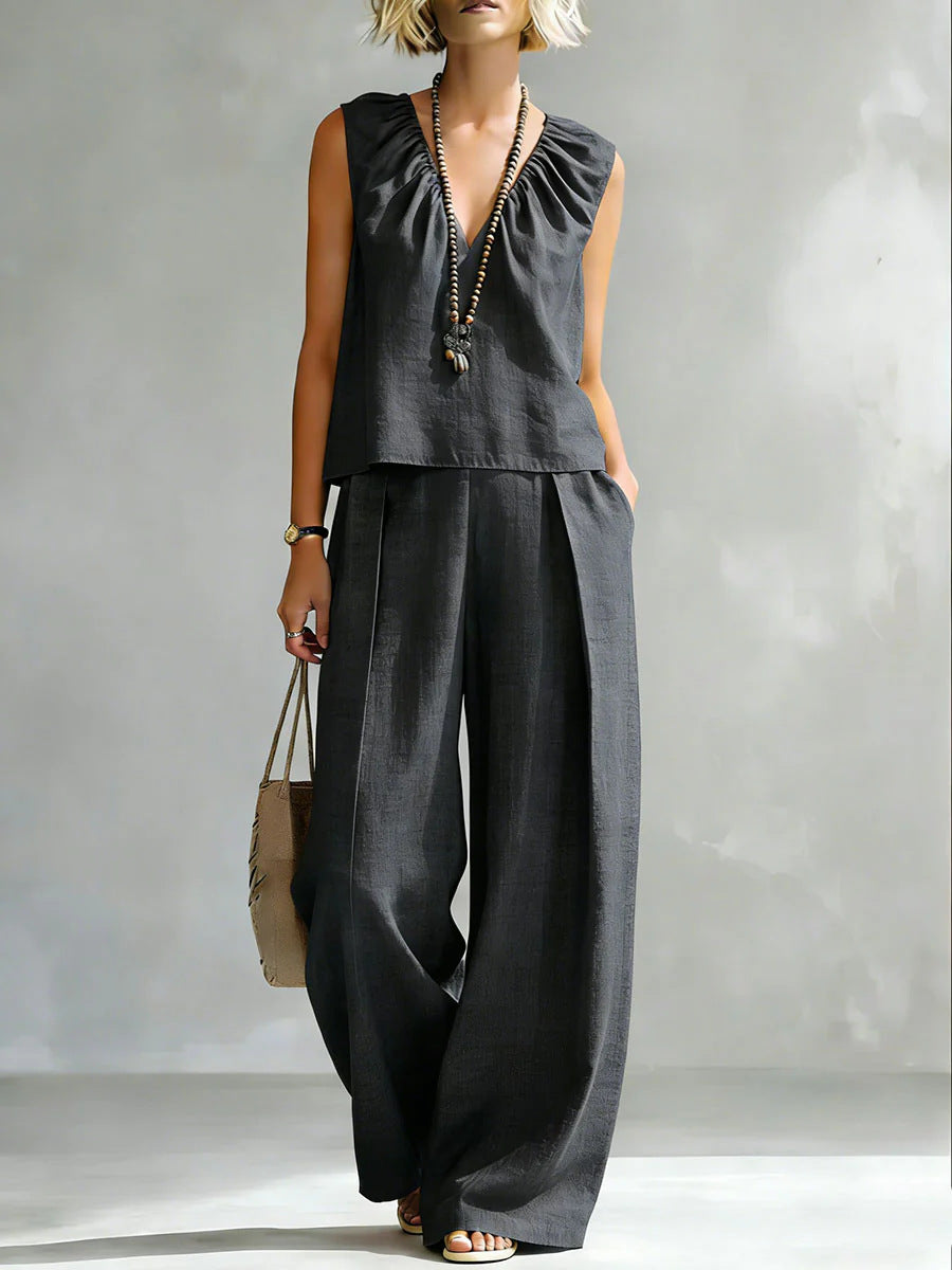 Women's Sleeveless Cotton-Linen Shirt & Pants Set – Urban 2-Piece Black