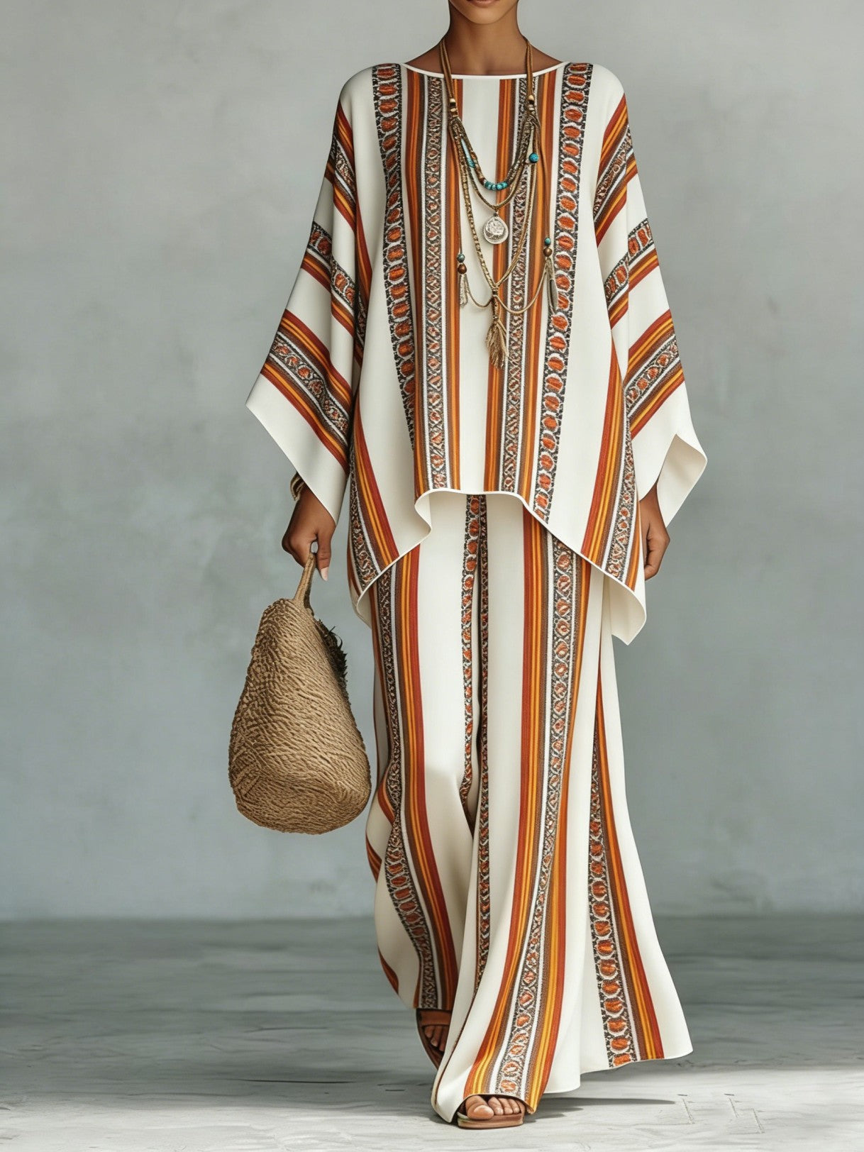 Women’s Printed Crew Neck Long Sleeve Two Piece Set Stripes