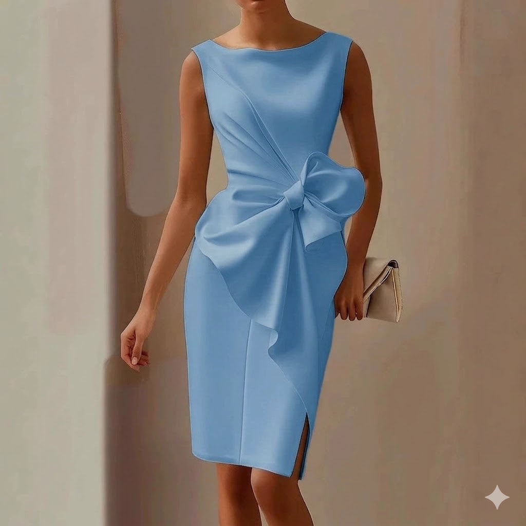 Women's Bow-Knot Sleeveless Midi Dress – High Waist A-Line Blue