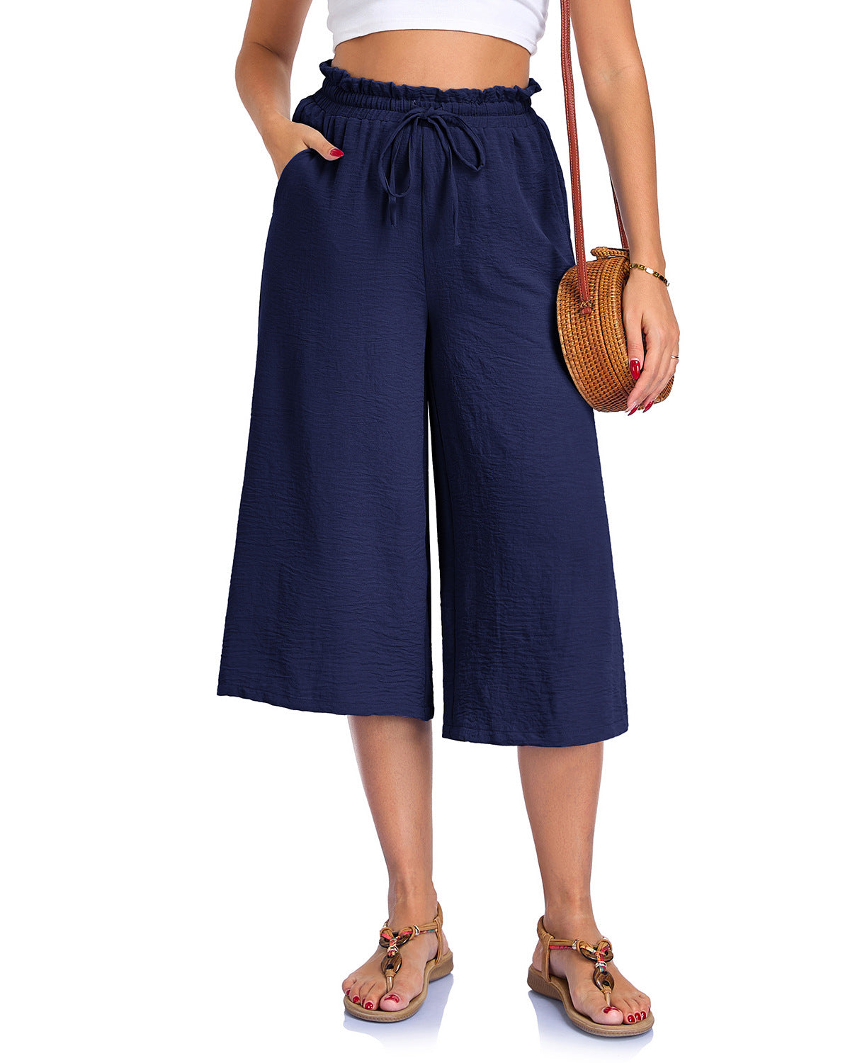 Women’s Elastic Cropped Wide-Leg Pants Navy Blue