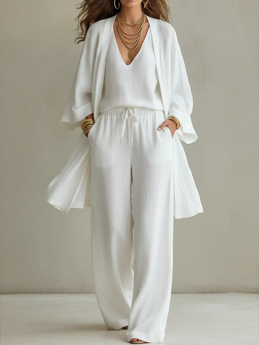 Women's V-Neck Cardigan Coat, Pocket Vest & Long Pants Three-Piece Set White