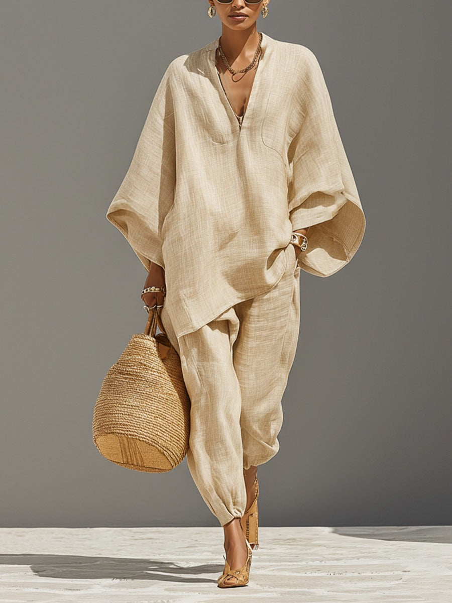 Women’s Casual Solid Color Two Piece Shirt Set Apricot