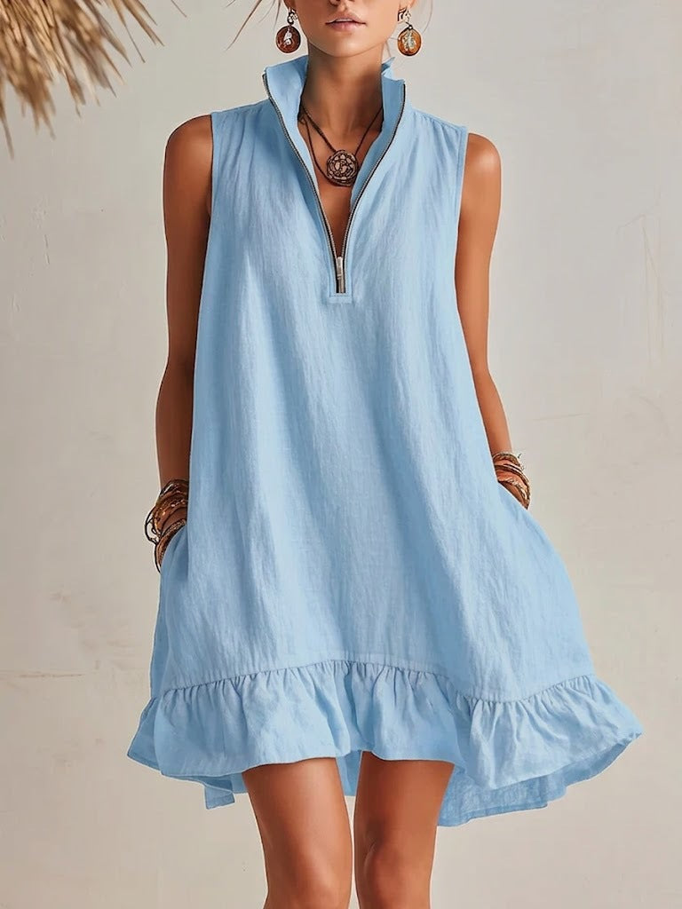 Women's Casual Loose Half-Zip Sleeveless Dress with Ruffle Hem Light Blue