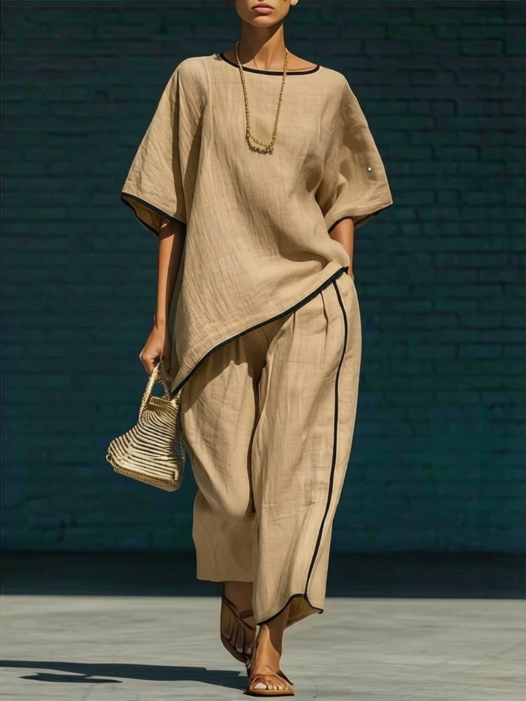 Women's Casual Resort Loose Short-Sleeve Top & Pants Set Khaki