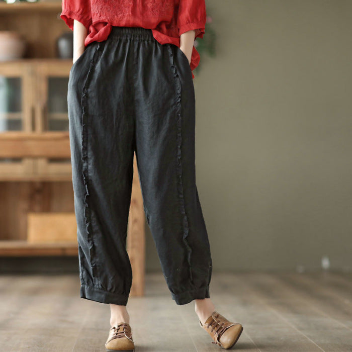 Women's High-Waist Solid-Color Capri Harem Pants Black