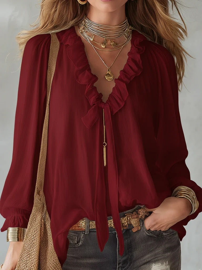 V-Neck Loose-Fit Shirt Top – No-Iron, 8 Colors Wine Red