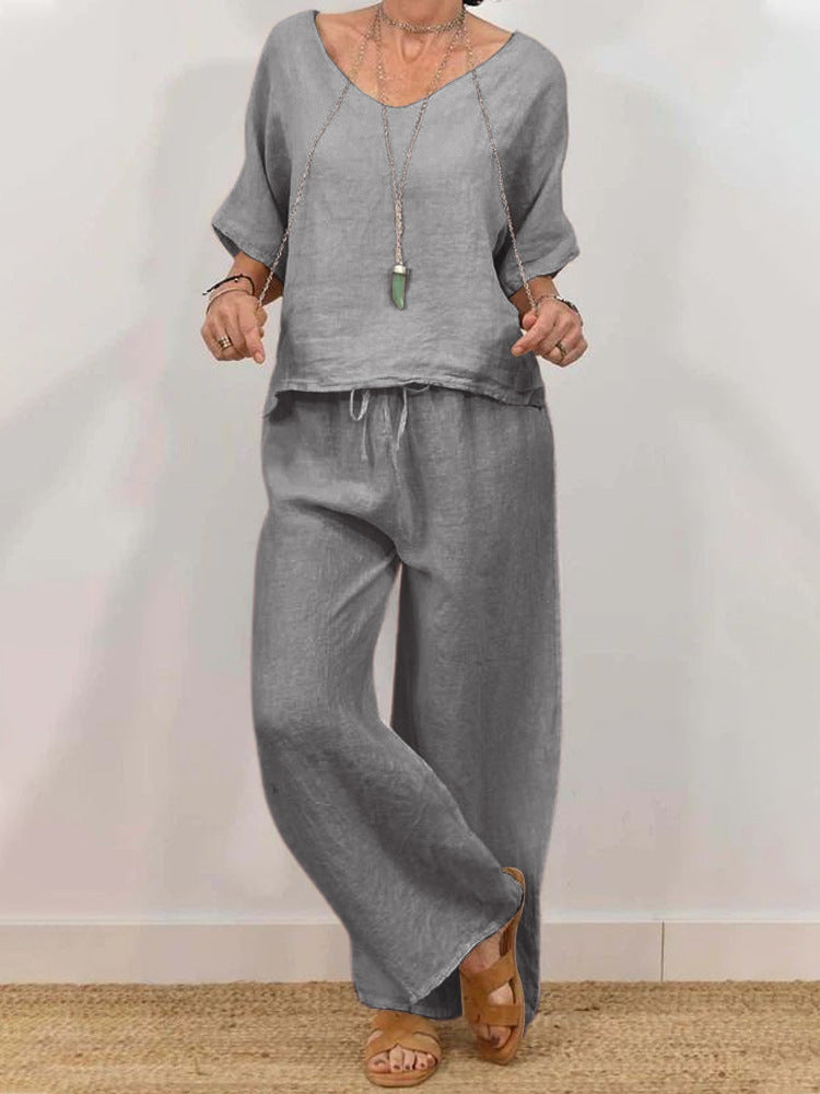 Women’s Multi Color Two Piece Set V Neck Top & Pants Gray