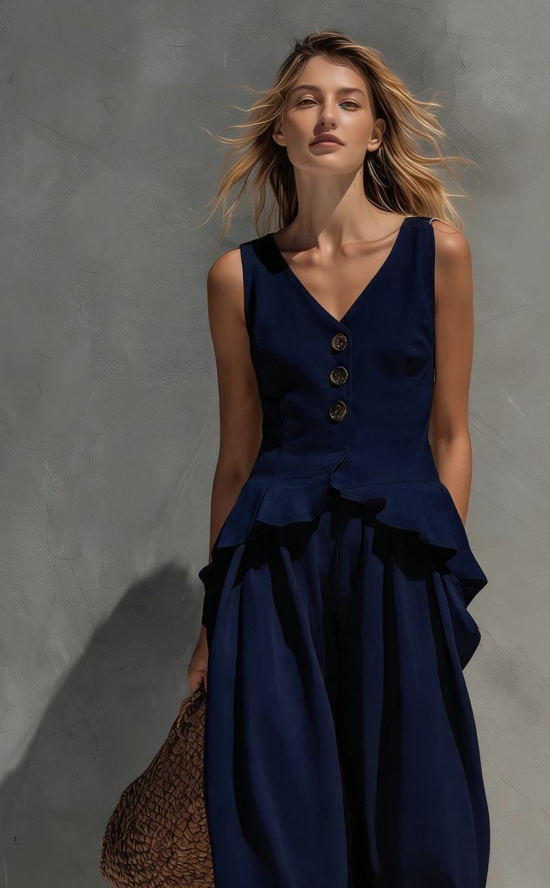 Women's Sleeveless Top & Wide-Leg Pants Two-Piece Set Dark Blue
