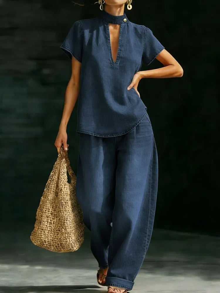 Faux Denim Two-Piece Set – Loose-Fit Short-Sleeve & Pants Dark Blue