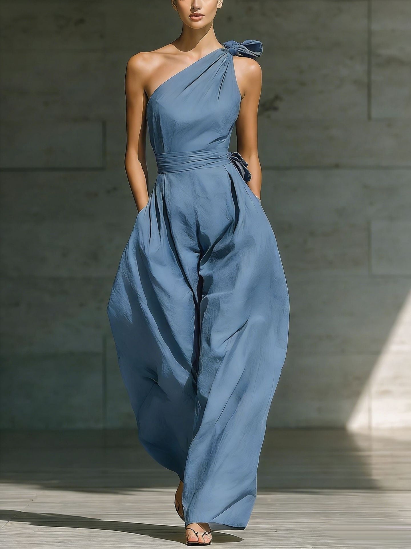 Women's Loose Sleeveless Off-Shoulder Belted Wide-Leg Jumpsuit Light Blue