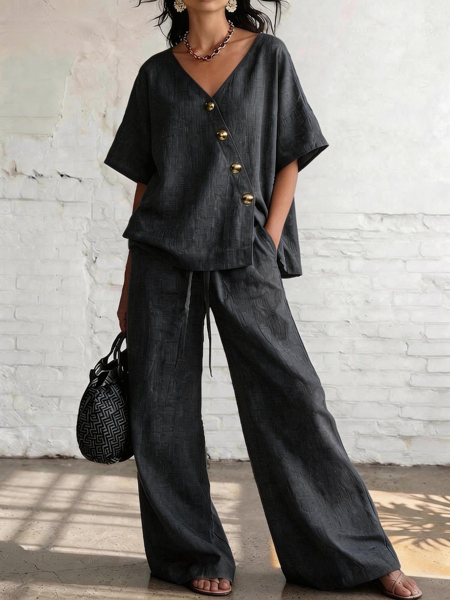 Women's Loose Cotton-Linen V-Neck Top & Wide-Leg Pants Set Black