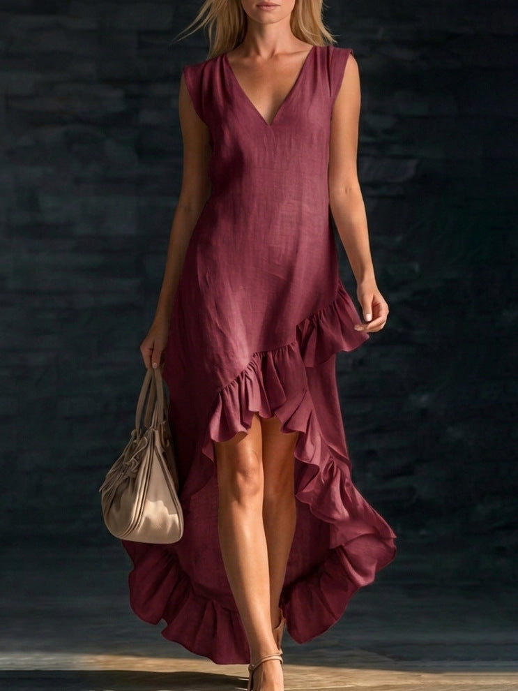 Cotton Long Sleeveless Casual Dress for Women Wine Red