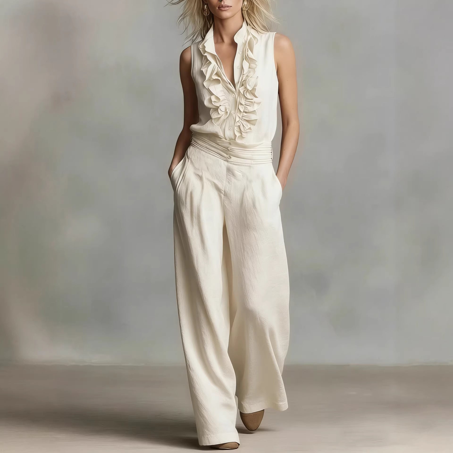 Women’s Linen Blend Two-Piece Set – Sleeveless Shirt & Wide-Leg Pants White