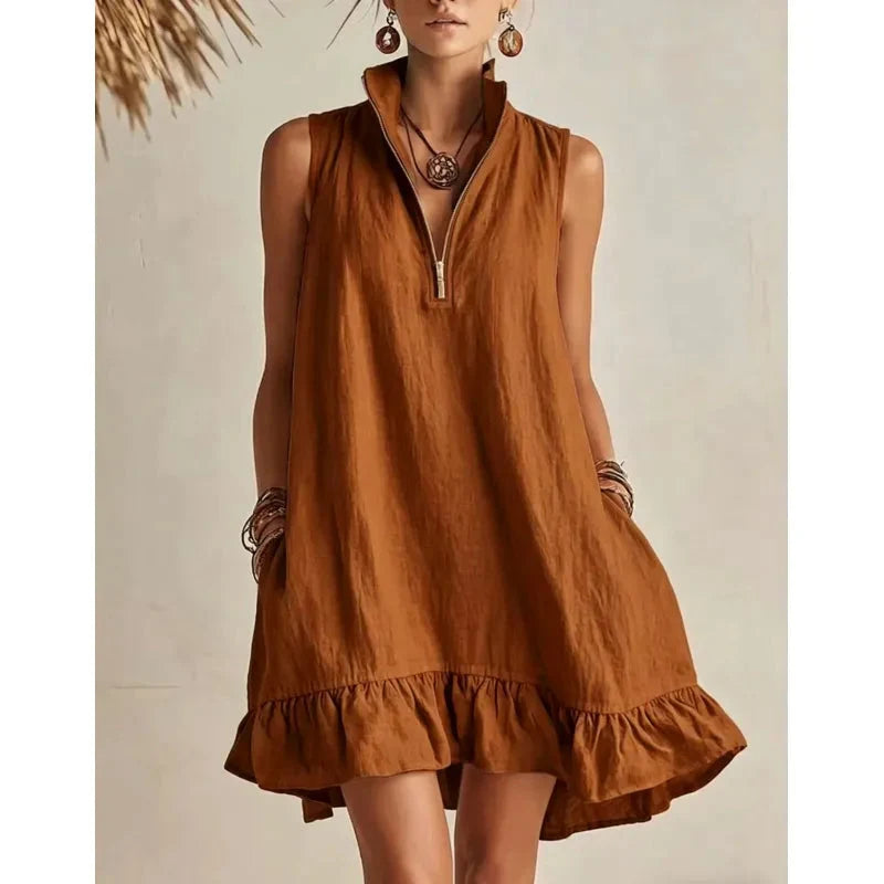 Women's Casual Loose Half-Zip Sleeveless Dress with Ruffle Hem Light Brawn
