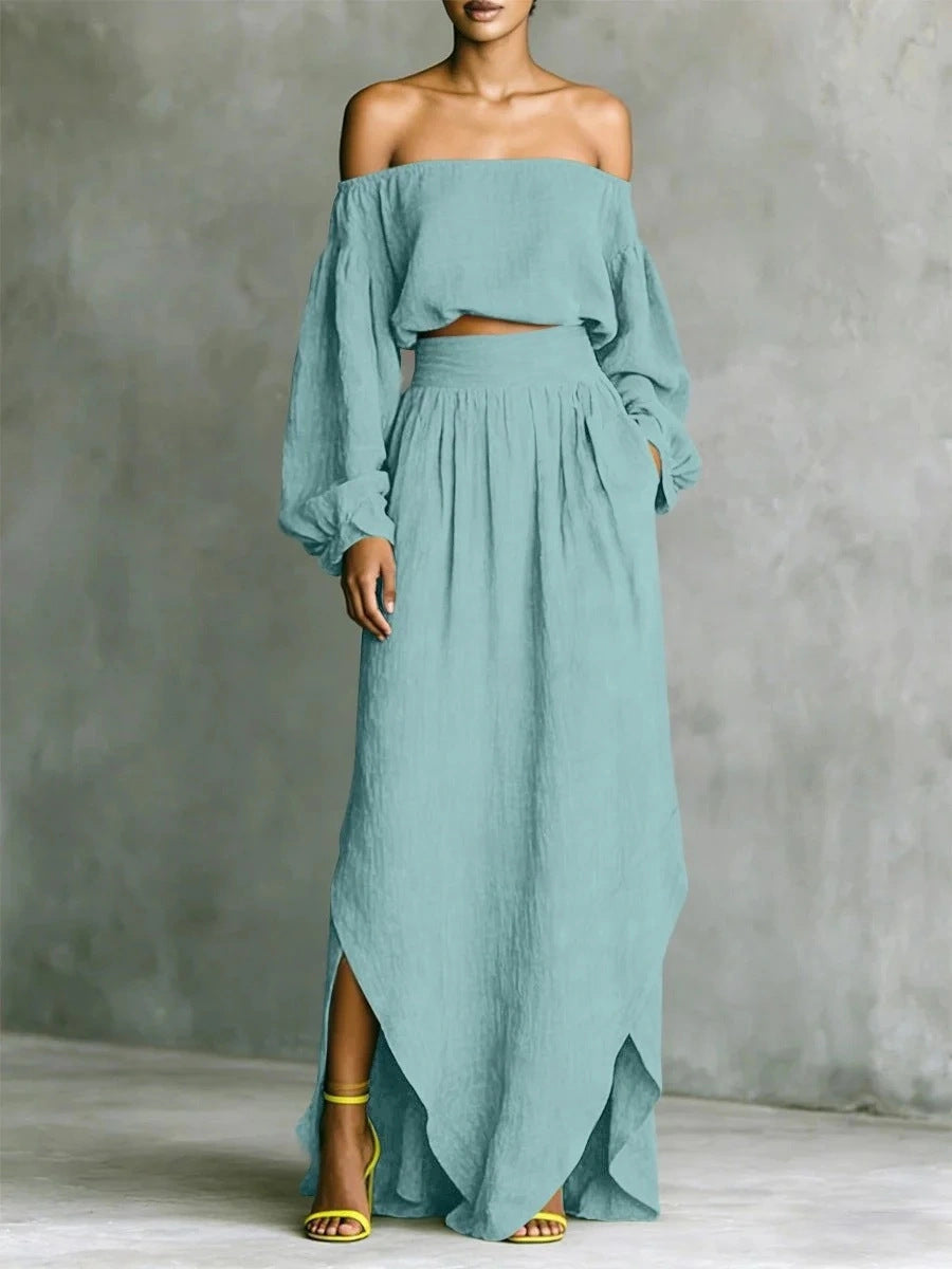Off-Shoulder Top & Asymmetrical Maxi Skirt Set – Women's 2-Piece Outfit Blue