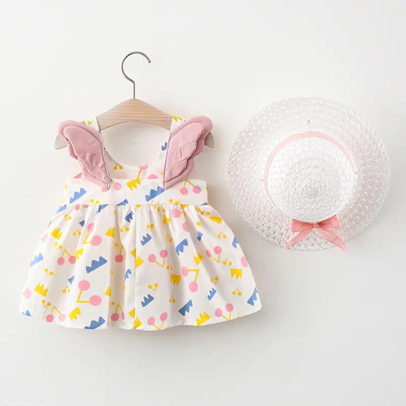 Summer Big Dot Wings Princess Dress with Hat Note Pink Wings 100