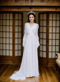 Timeless Chiffon Long Sleeve Wedding Gown with Draped Sleeves and Deep V Back Off-white