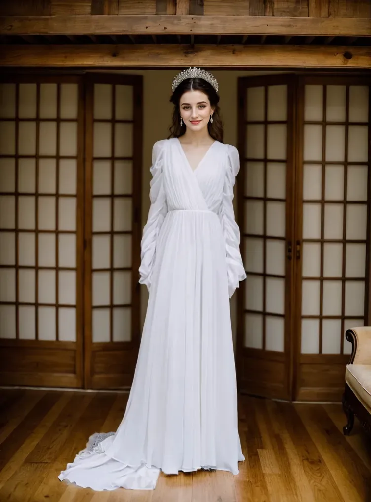 Timeless Chiffon Long Sleeve Wedding Gown with Draped Sleeves and Deep V Back Off-white