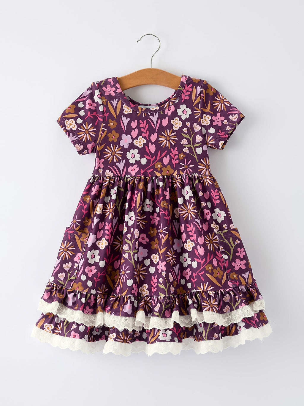 Retro Floral Print Short Sleeve Girls Dress with Pockets