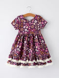 Retro Floral Print Short Sleeve Girls Dress with Pockets