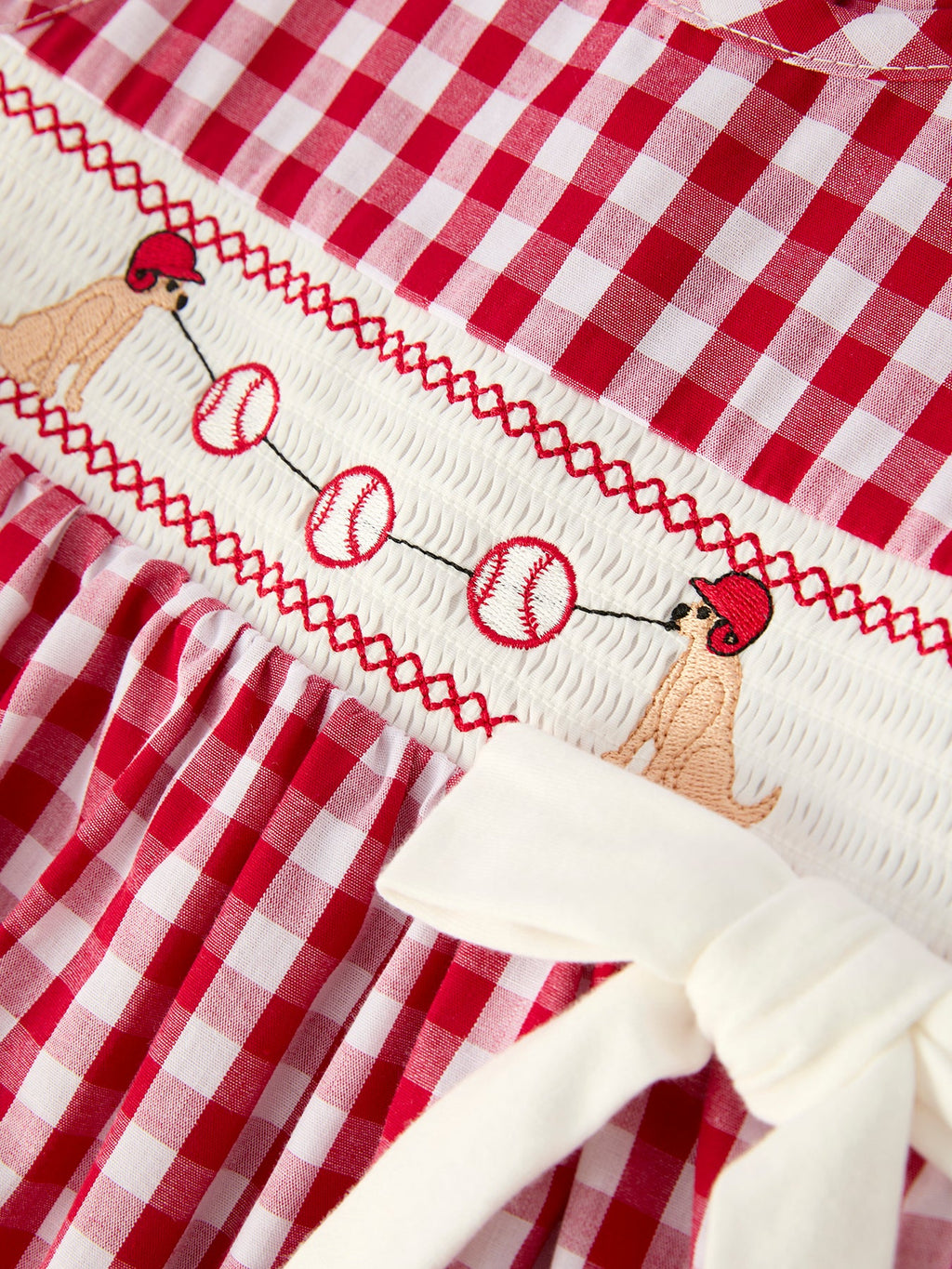 Mommy & Me Girl Dress – Dog Baseball Smocking Embroidery Outfit