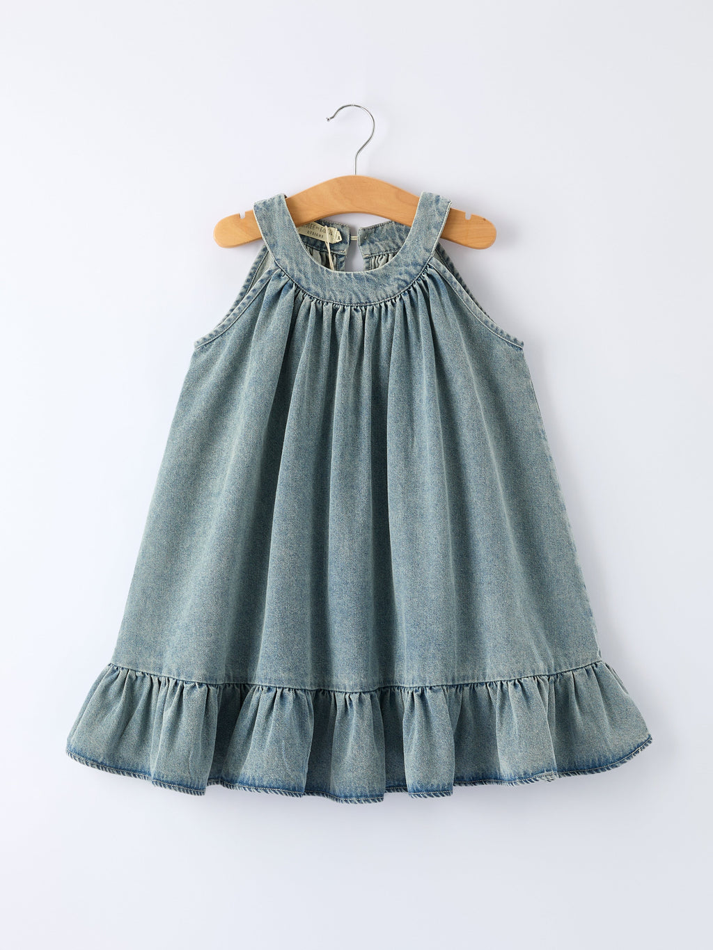 Girls Denim Ruffle Trim A-Line Dress Light Blue