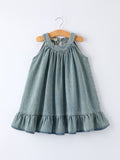 Girls Denim Ruffle Trim A-Line Dress Light Blue