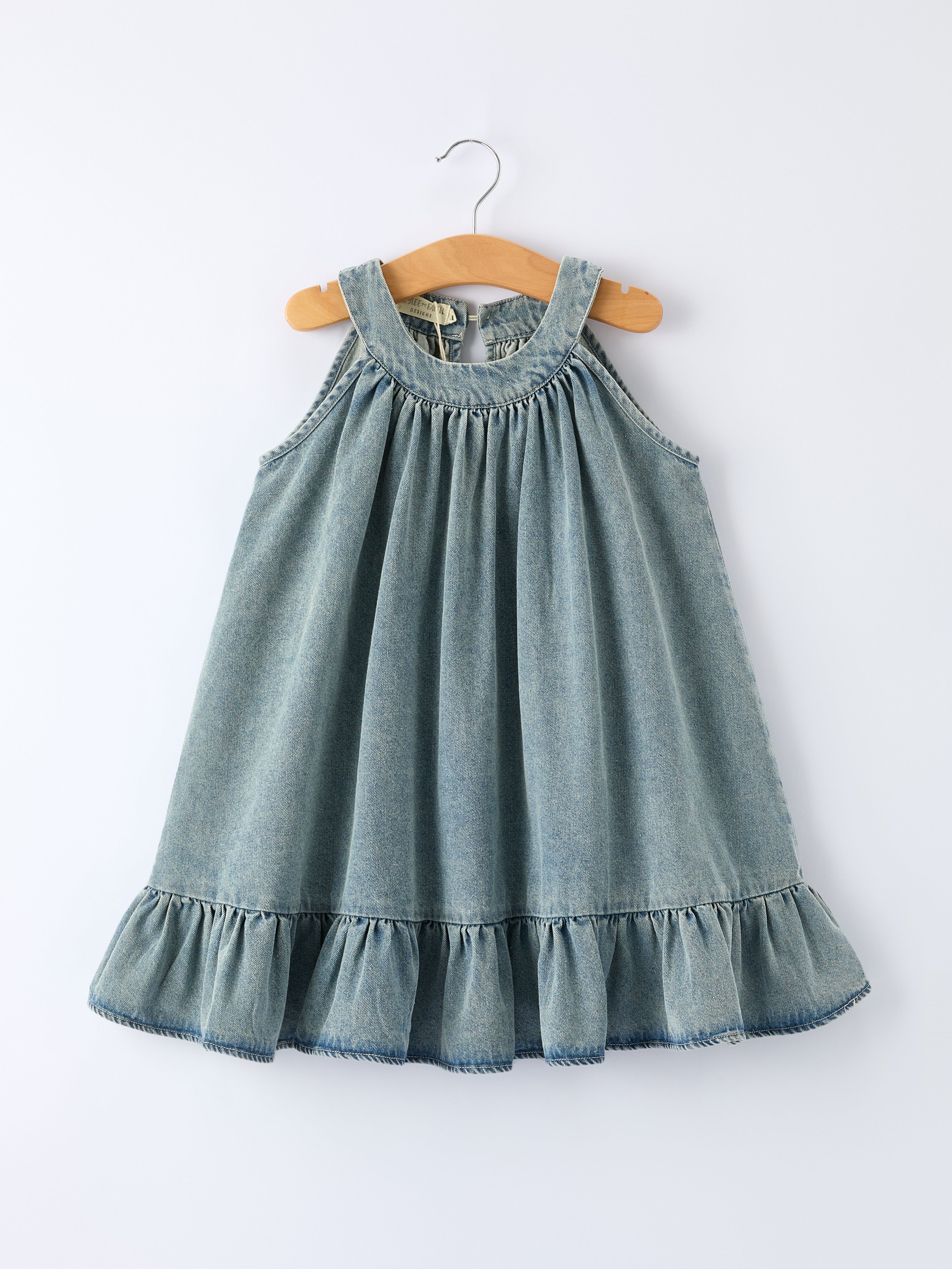 Girls Denim Ruffle Trim A-Line Dress Light Blue