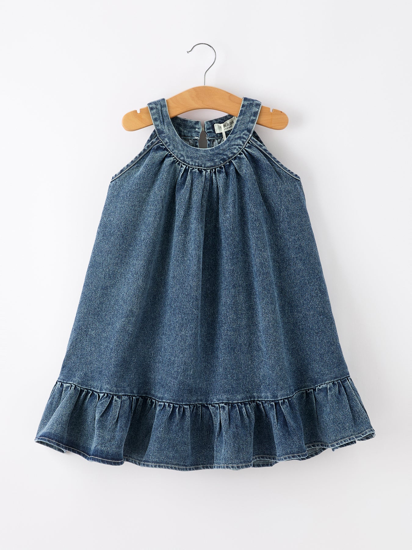 Girls Denim Ruffle Trim A-Line Dress Dark Blue