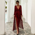 Tassel Sequ Banquet Dress Sexy Long Sleeve Deep V Plunge Plunge Split Birthday Party Dress Female Prom Formal Gown XS Burgundy