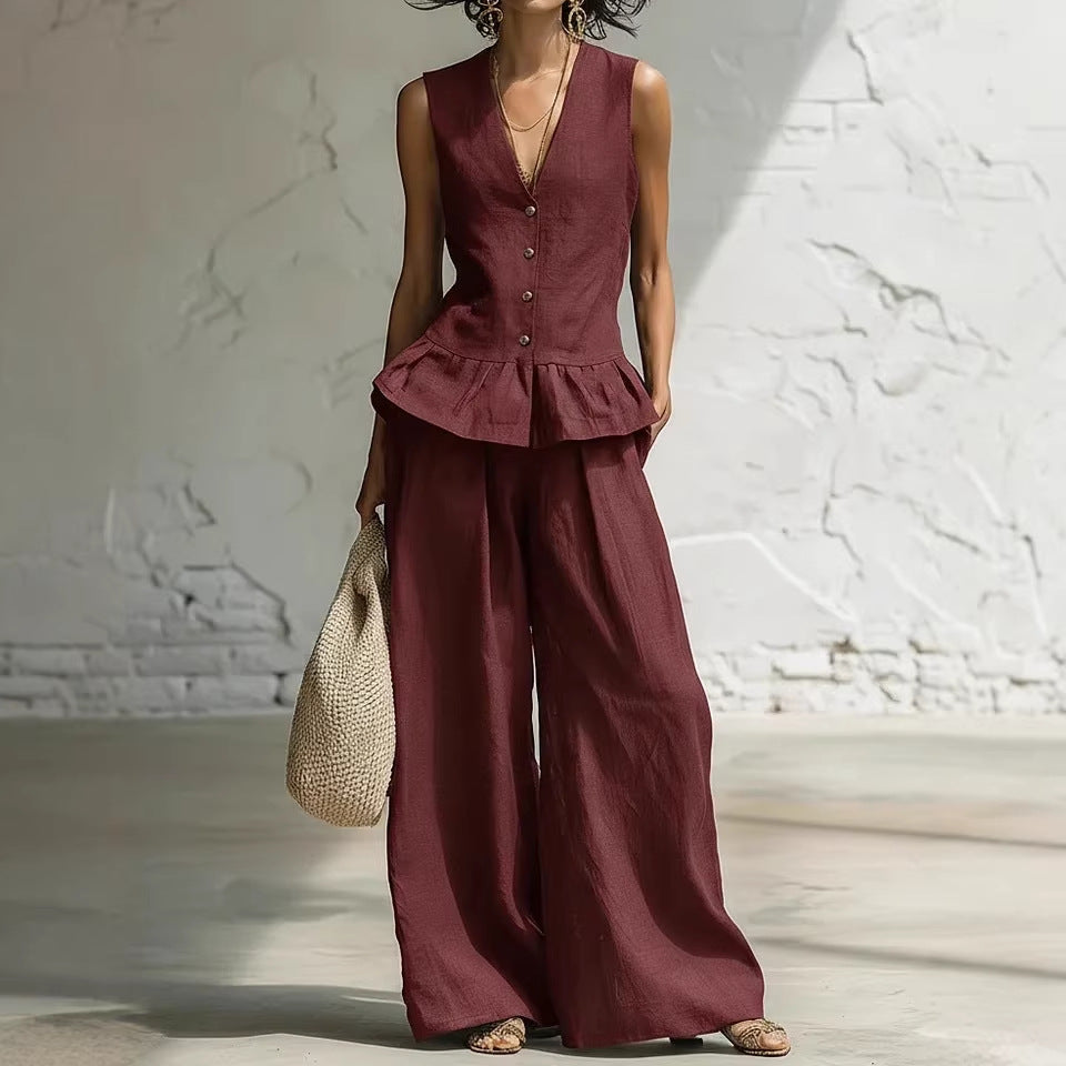 Women's Bohemian Ruffled Sleeveless Tank & Pants Set Wine Red