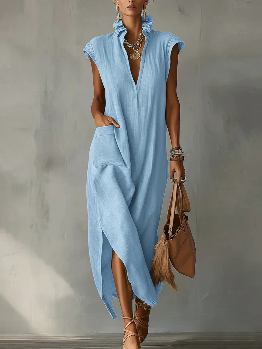 Women’s Cotton-Linen Sleeveless Solid-Color Shirt Dress Sky Blue