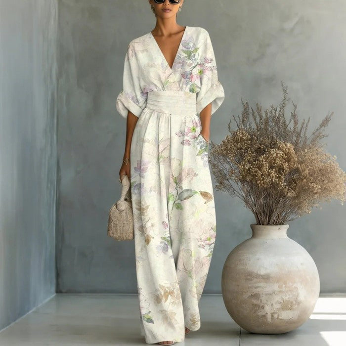 Women's Waist-Cinched V-Neck Printed Wide-Leg Jumpsuit 6color