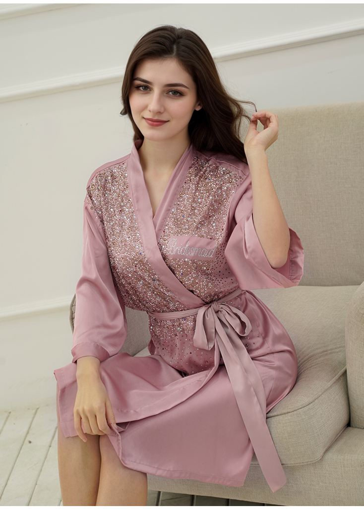 Luxurious Rhinestone Satin Custom Bridal and Bridesmaid Robe – Sparkling Elegance for Weddings Light Pink