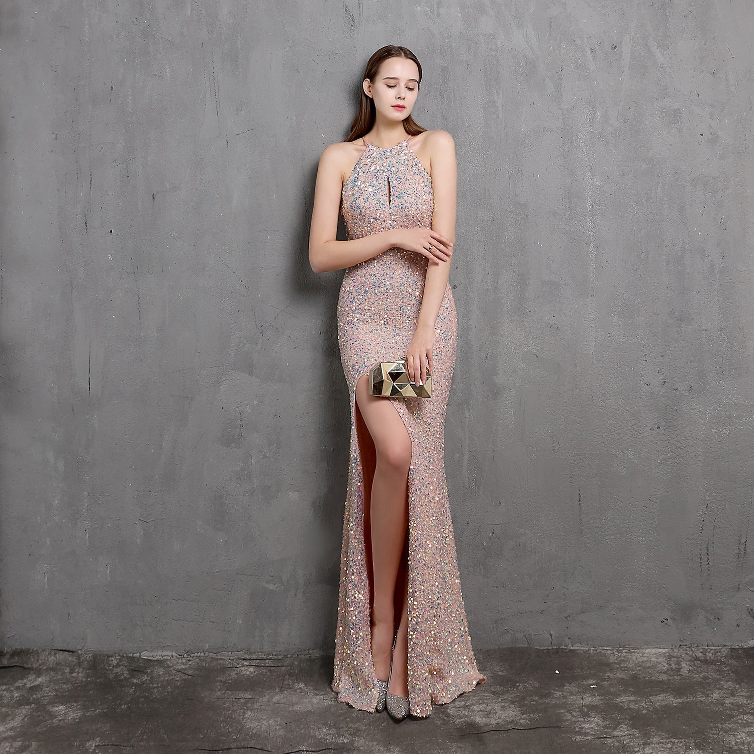 Heavy Craft Colorful Sequin Socialite Gathering Party Evening Dress Sexy Long Slimming Toast Dress Bride Formal Gown Pink